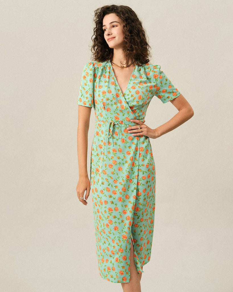 The V Neck Wrap Tie Waist Midi Dress - RIHOAS