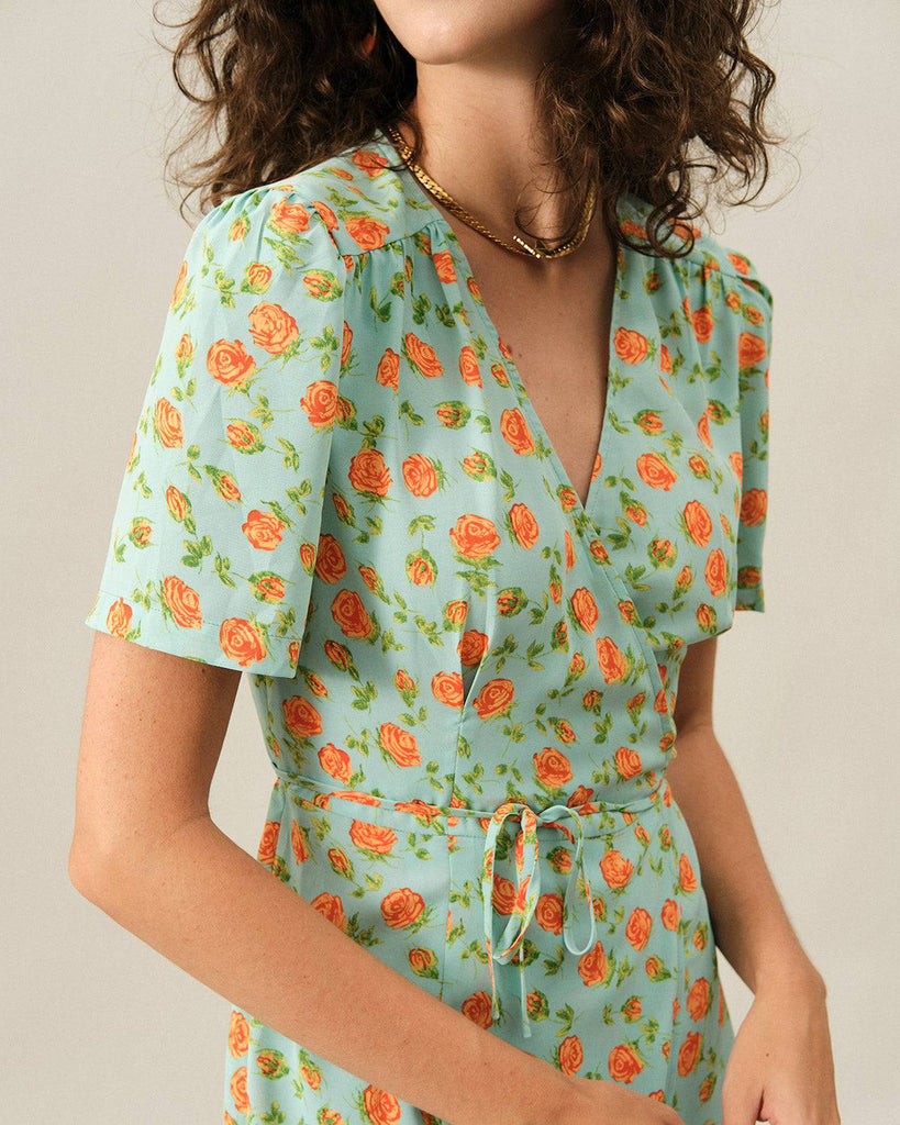 The V Neck Wrap Tie Waist Midi Dress - RIHOAS