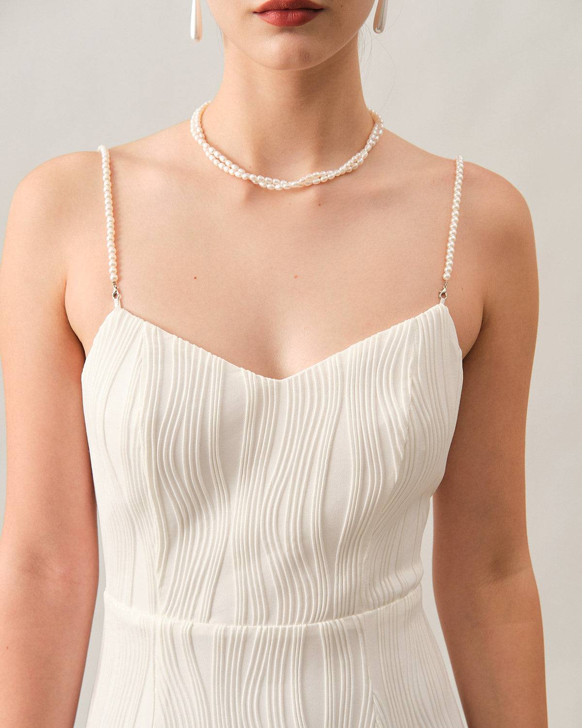 Women's Elegant Wave Textured Pearl Strap Midi Dress for Formal Occasions and Banquets - White,Black,Pink,Blue - Dresses | RIHOAS Women's Elegant Wave Textured Pearl Strap Midi Dress for Formal Occasions and Banquets - White,Black,Pink,Blue - Dresses | RIHOAS