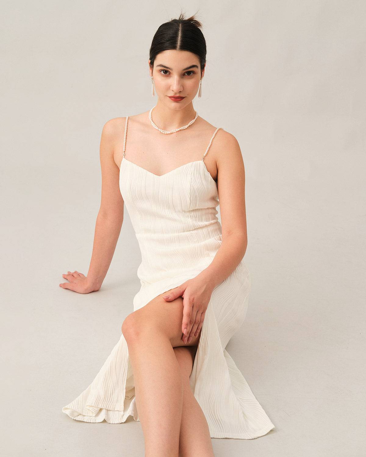 Women's Elegant Wave Textured Pearl Strap Midi Dress for Formal Occasions and Banquets - White,Black,Pink,Blue - Dresses | RIHOAS Women's Elegant Wave Textured Pearl Strap Midi Dress for Formal Occasions and Banquets - White,Black,Pink,Blue - Dresses | RIHOAS