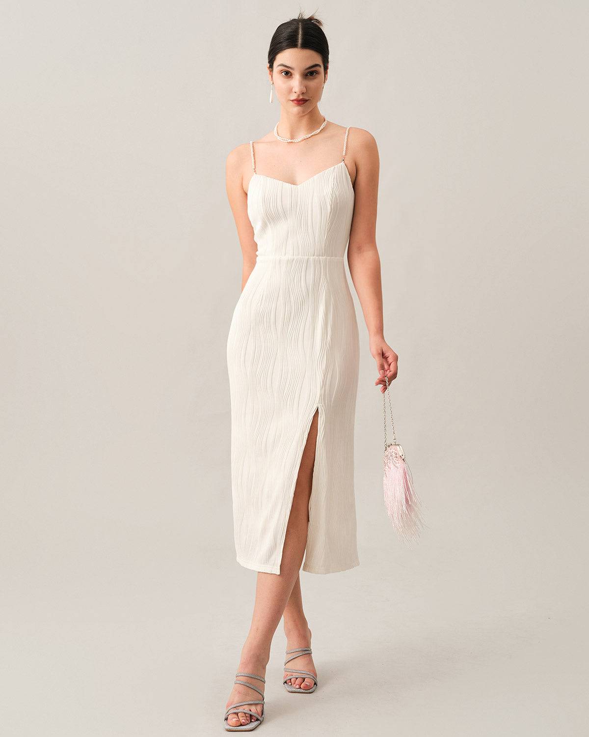 Wave Textured Pearl Strap Midi Dress