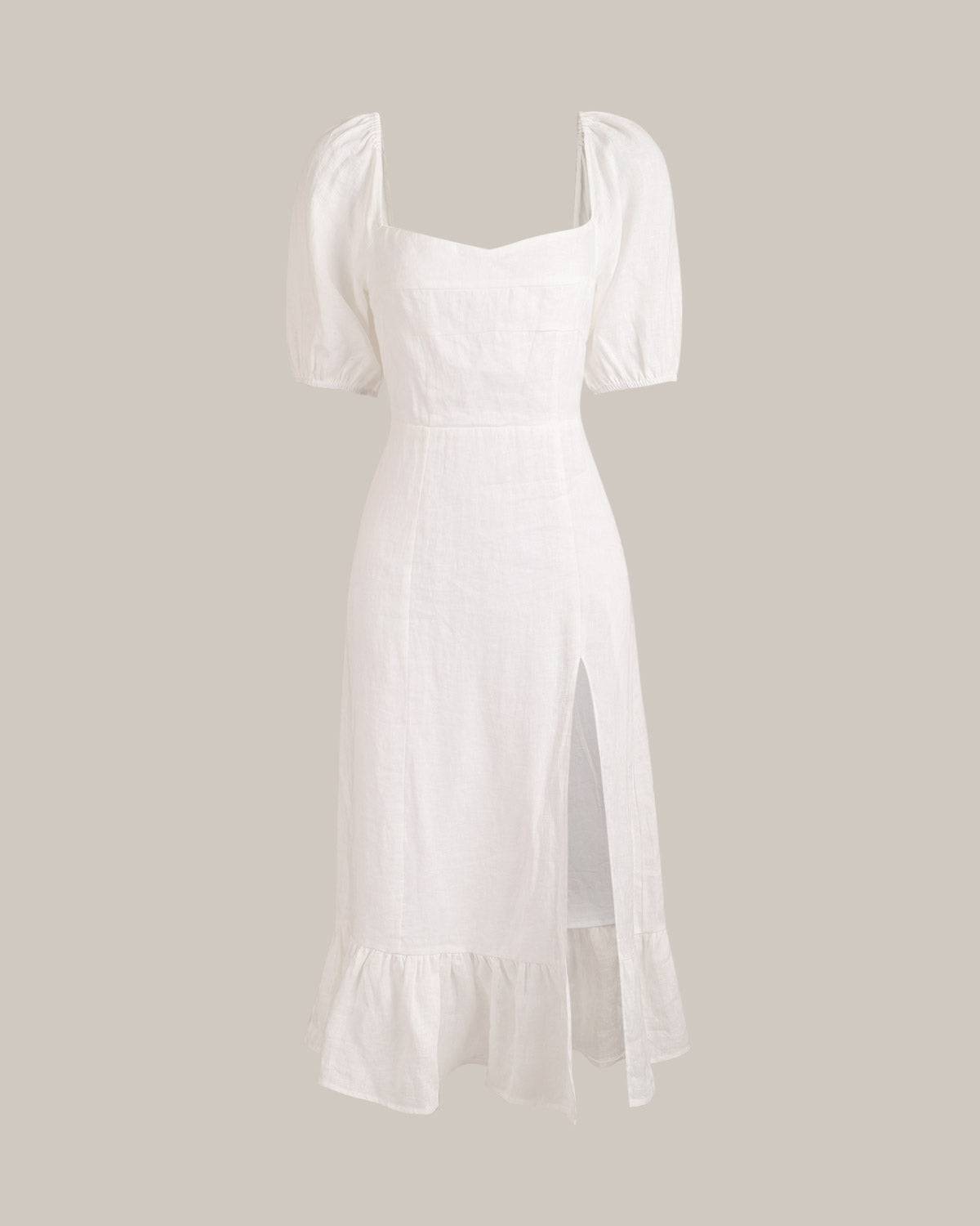 Puff Sleeve Split Hem Midi Dress - Women's Formal & Casual Midi Dresses - White - Dresses Puff Sleeve Split Hem Midi Dress - Women's Formal & Casual Midi Dresses - White - Dresses