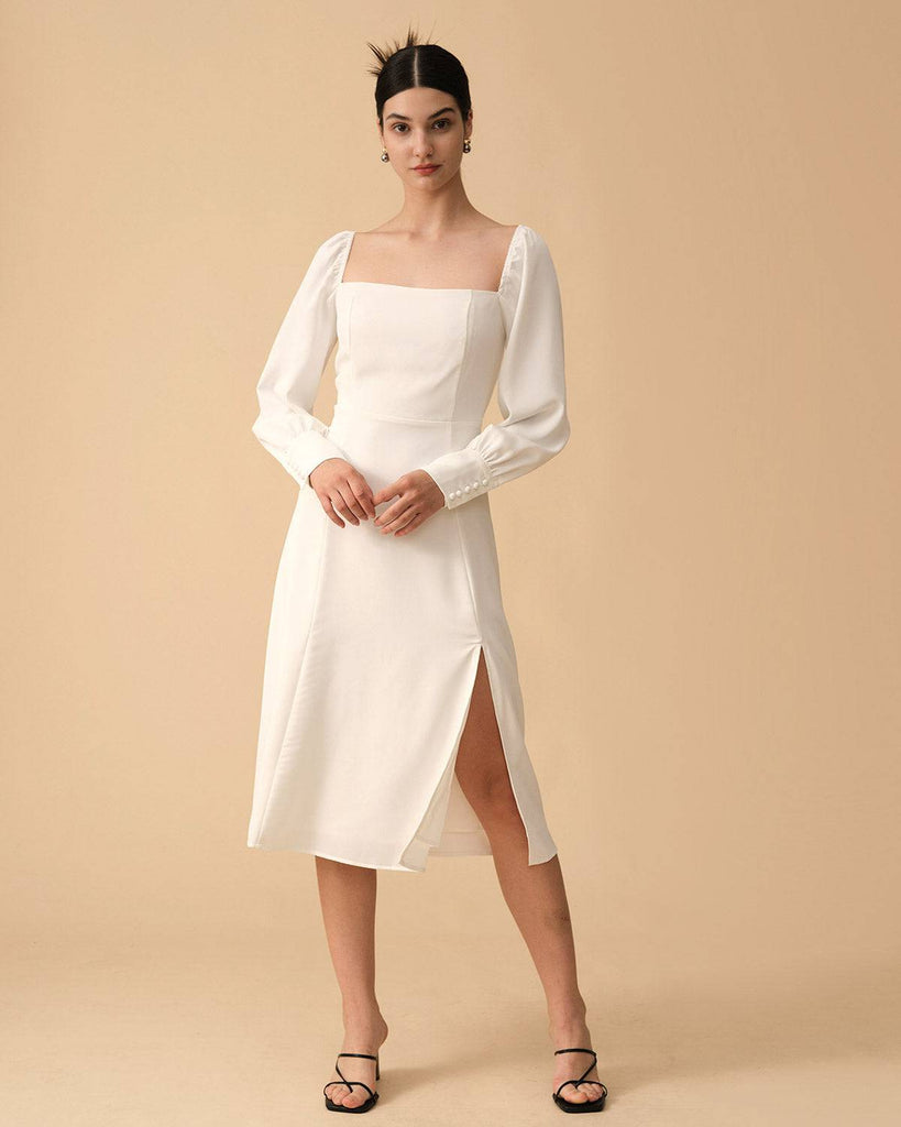The Square Neck Long Sleeve Slit Midi Dress - RIHOAS