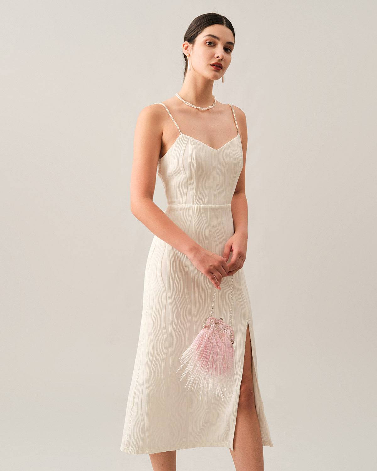 Rihoas Pearl Strap Textured Midi Dress Rihoas Pearl Strap Textured Midi Dress