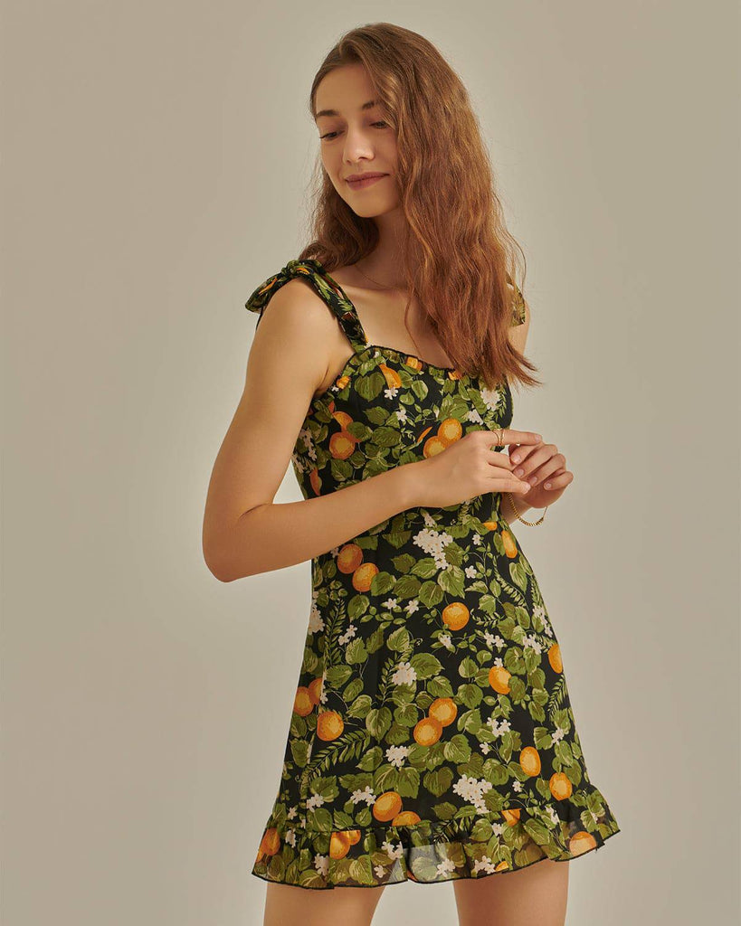 The Green Floral Tie Shoulder Mini Dress - RIHOAS