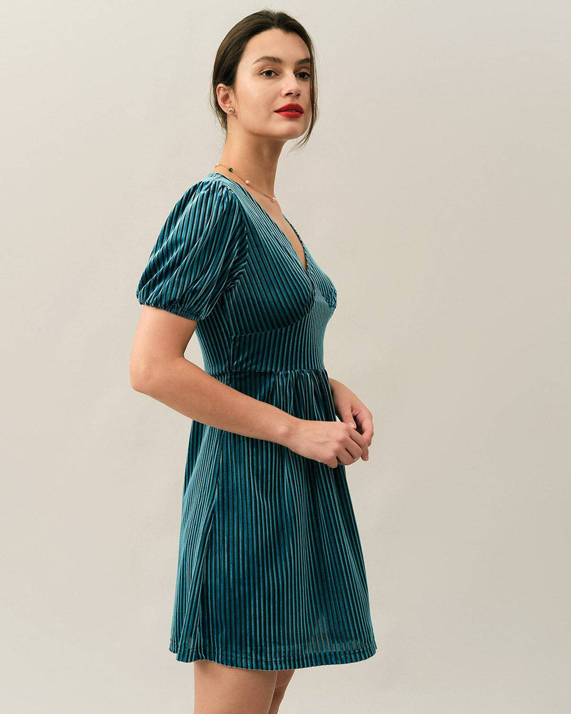 The Velvet Stripe Puff Sleeve Mini Dress - RIHOAS