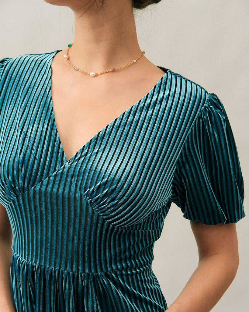 The Velvet Stripe Puff Sleeve Mini Dress - RIHOAS