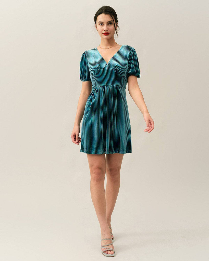 The Velvet Stripe Puff Sleeve Mini Dress - RIHOAS