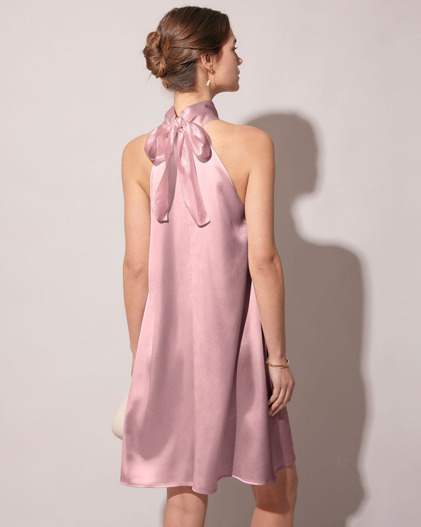 The Apricot Halter Satin A-line Mini Dress Pink Dresses - RIHOAS