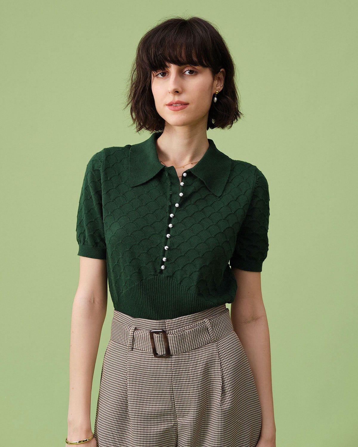 Short Sleeve Textured Lapel Knit Tee