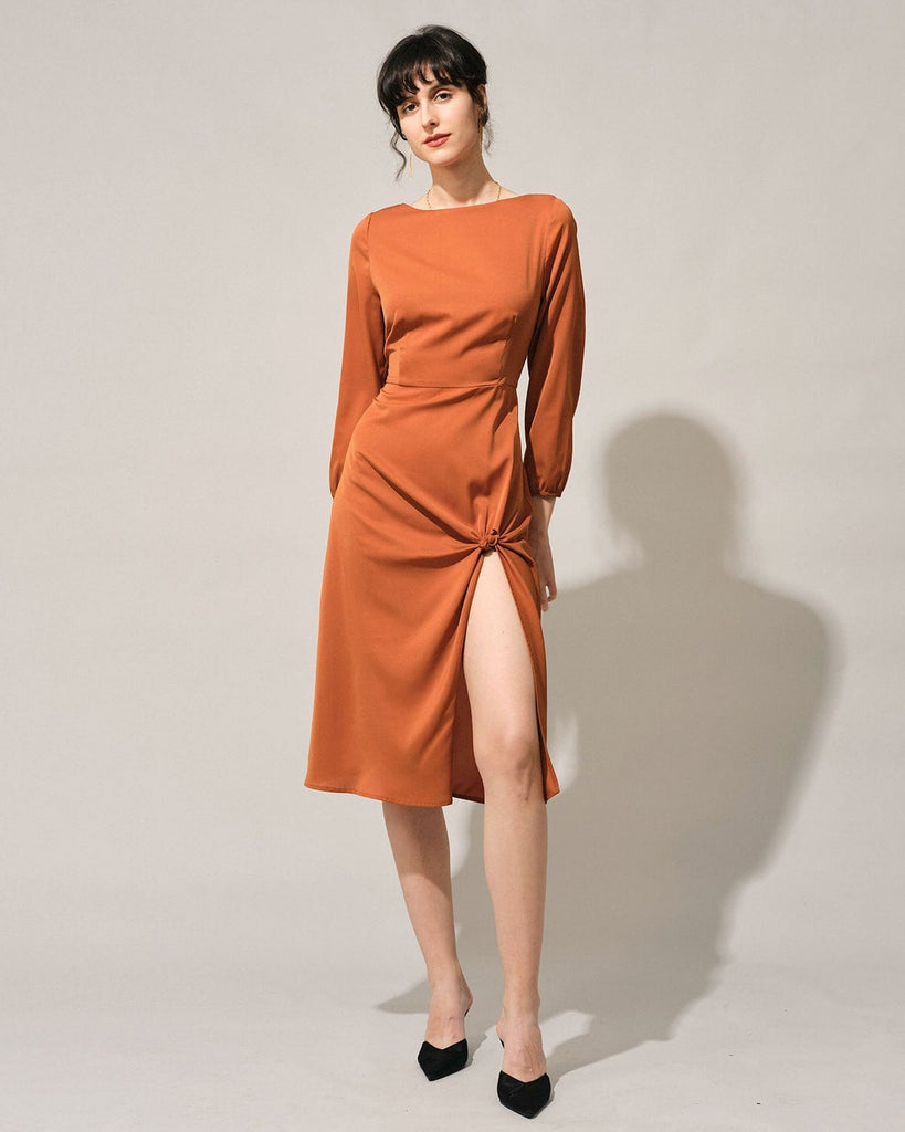 The Orange Boat Neck Knotted Slit Midi Dress Dresses - RIHOAS