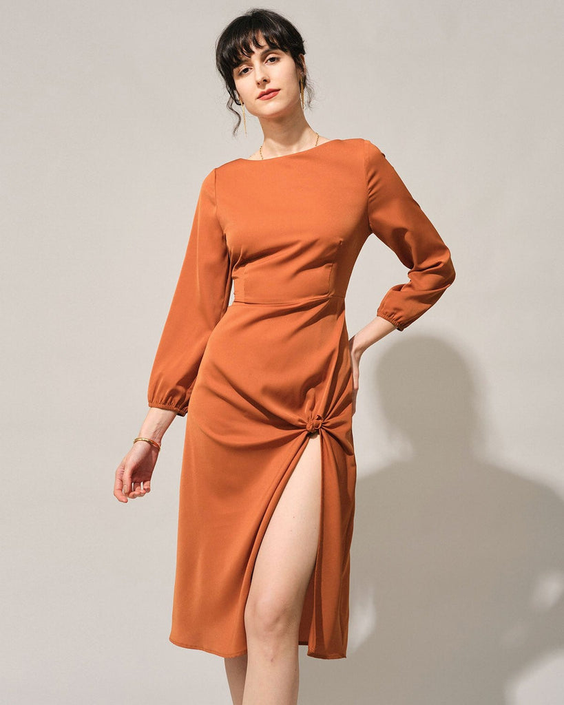 The Orange Boat Neck Knotted Slit Midi Dress Dresses - RIHOAS