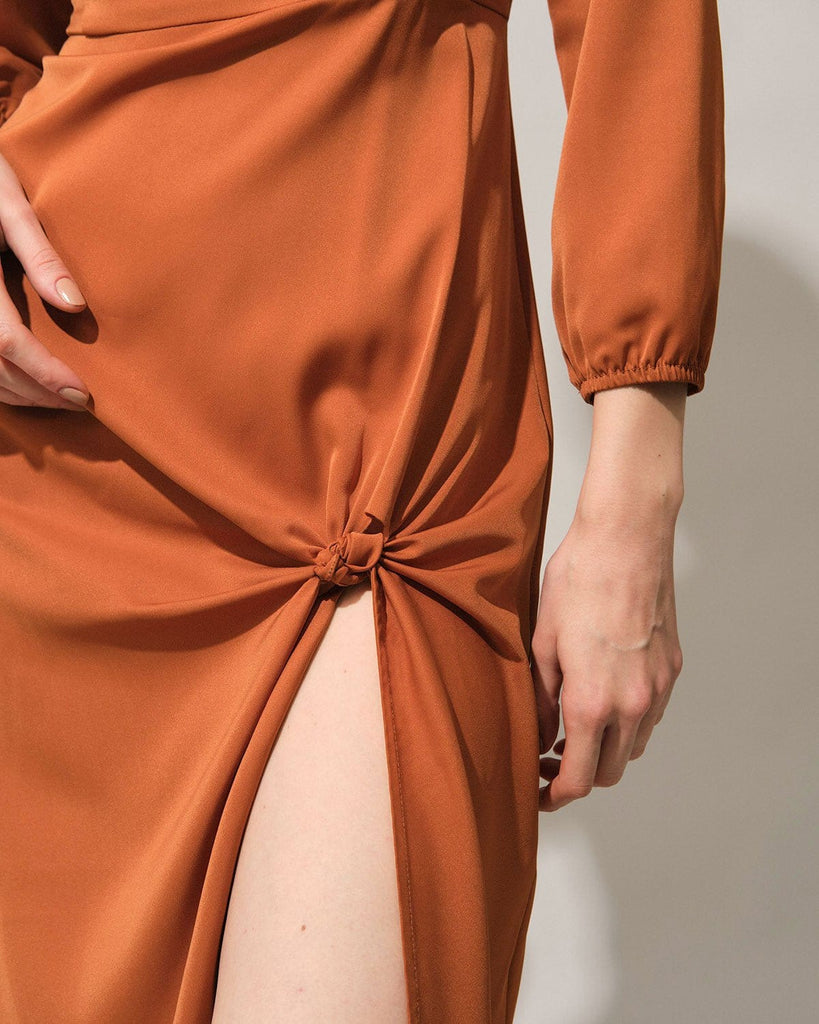 The Orange Boat Neck Knotted Slit Midi Dress Dresses - RIHOAS