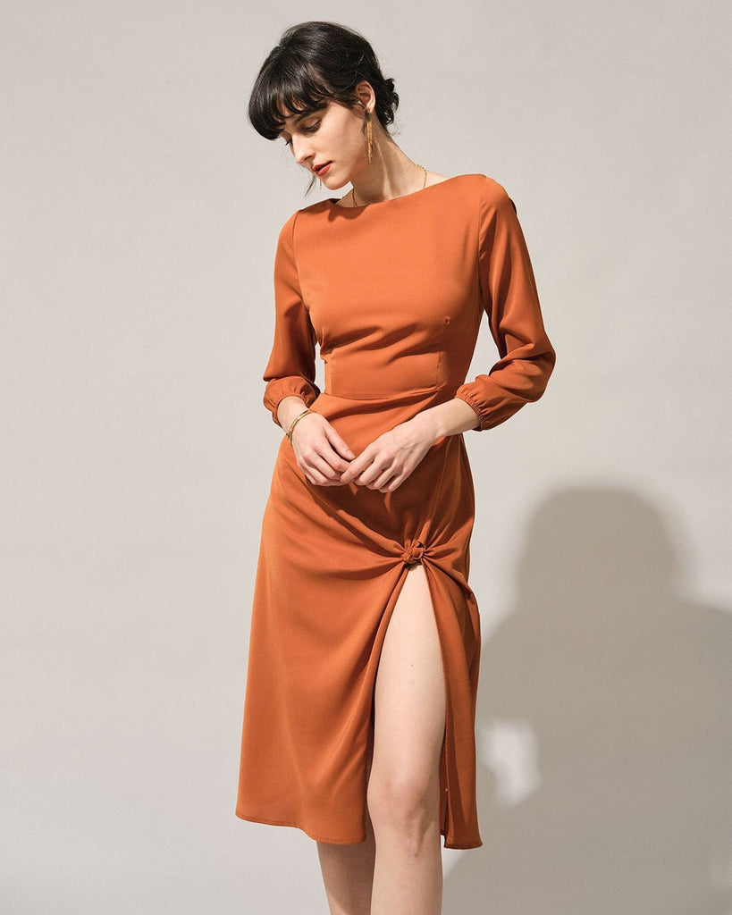 The Orange Boat Neck Knotted Slit Midi Dress Dresses - RIHOAS