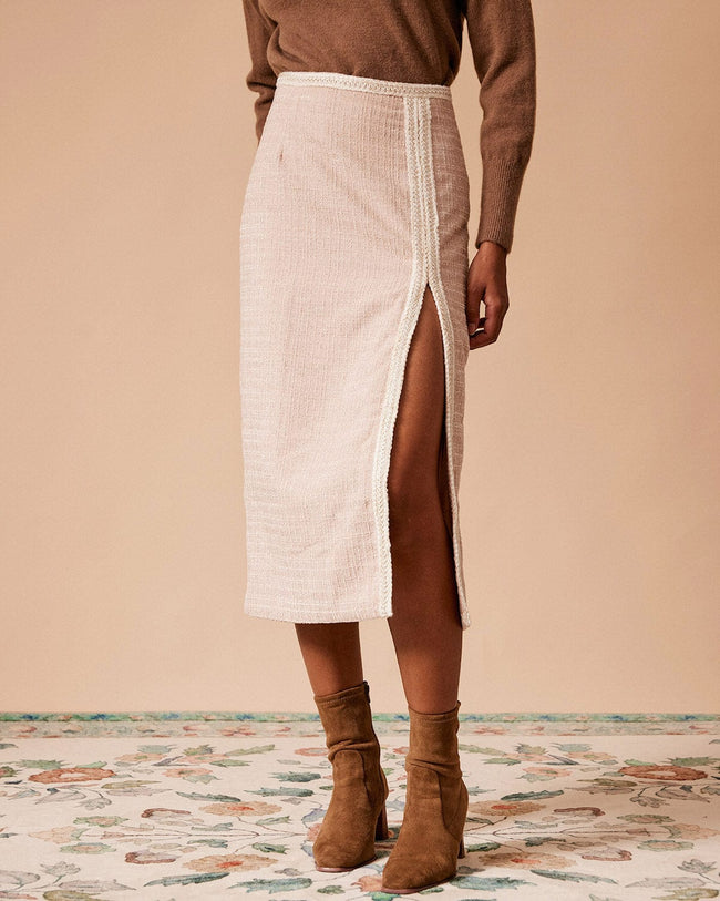 Women's High Waisted Side Slit Tweed Skirt, Apricot / XL