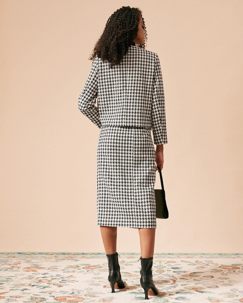 The High Waisted Plaid Tweed Slit Skirt - Rihoas