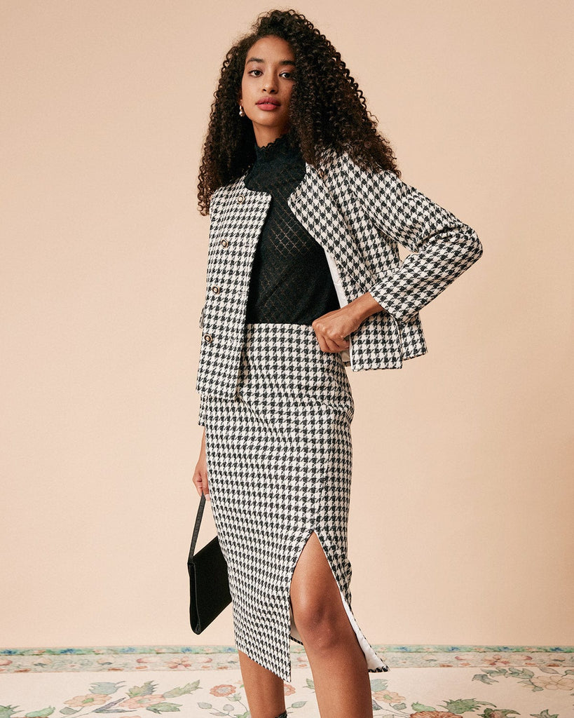 The High Waisted Plaid Tweed Slit Skirt - Rihoas