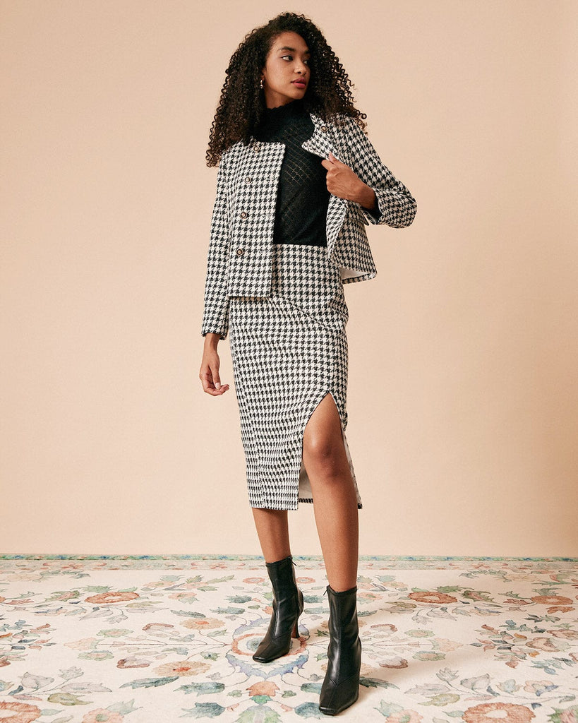The High Waisted Plaid Tweed Slit Skirt - Rihoas