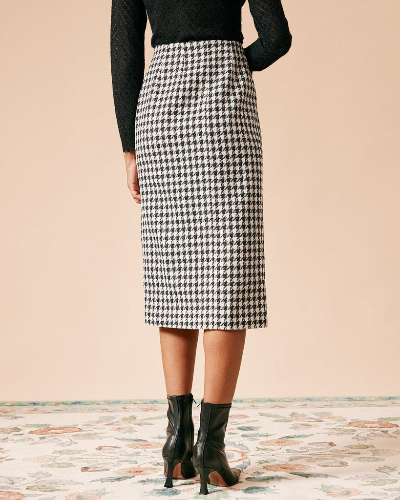 The High Waisted Plaid Tweed Slit Skirt - Rihoas