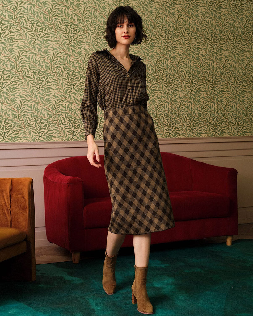 The Argyle Pattern High Waisted Slit Midi Skirt - RIHOAS