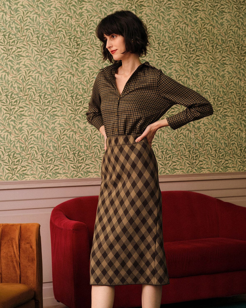 The Argyle Pattern High Waisted Slit Midi Skirt - RIHOAS