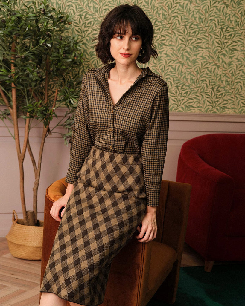 The Argyle Pattern High Waisted Slit Midi Skirt - RIHOAS