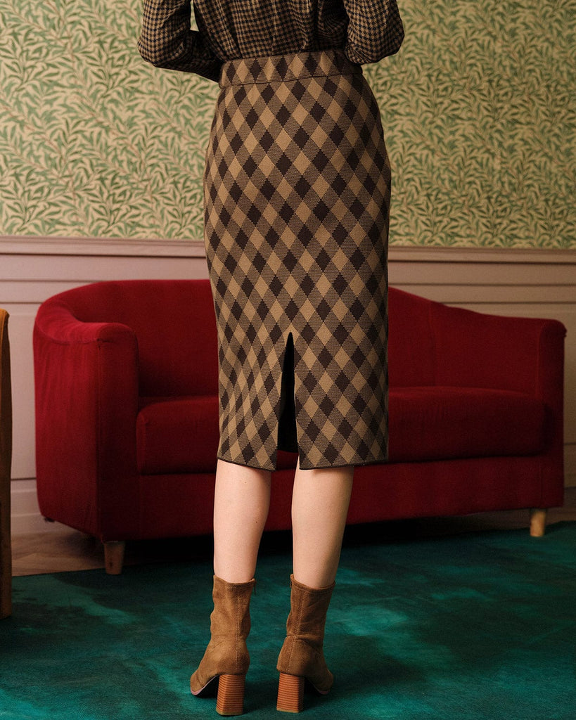 The Argyle Pattern High Waisted Slit Midi Skirt - RIHOAS