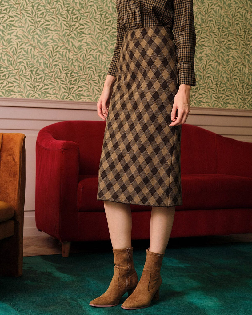 The Argyle Pattern High Waisted Slit Midi Skirt - RIHOAS