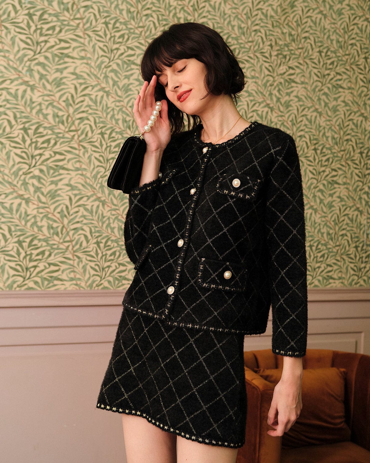 Rihoas Women's Argyle Long Sleeve Front Button Cardigan and Mini Skirt Set, Black / M