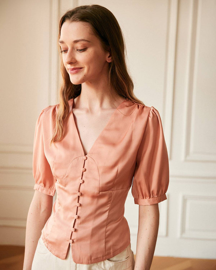 The V-Neck Short Sleeves Satin Shirt - RIHOAS