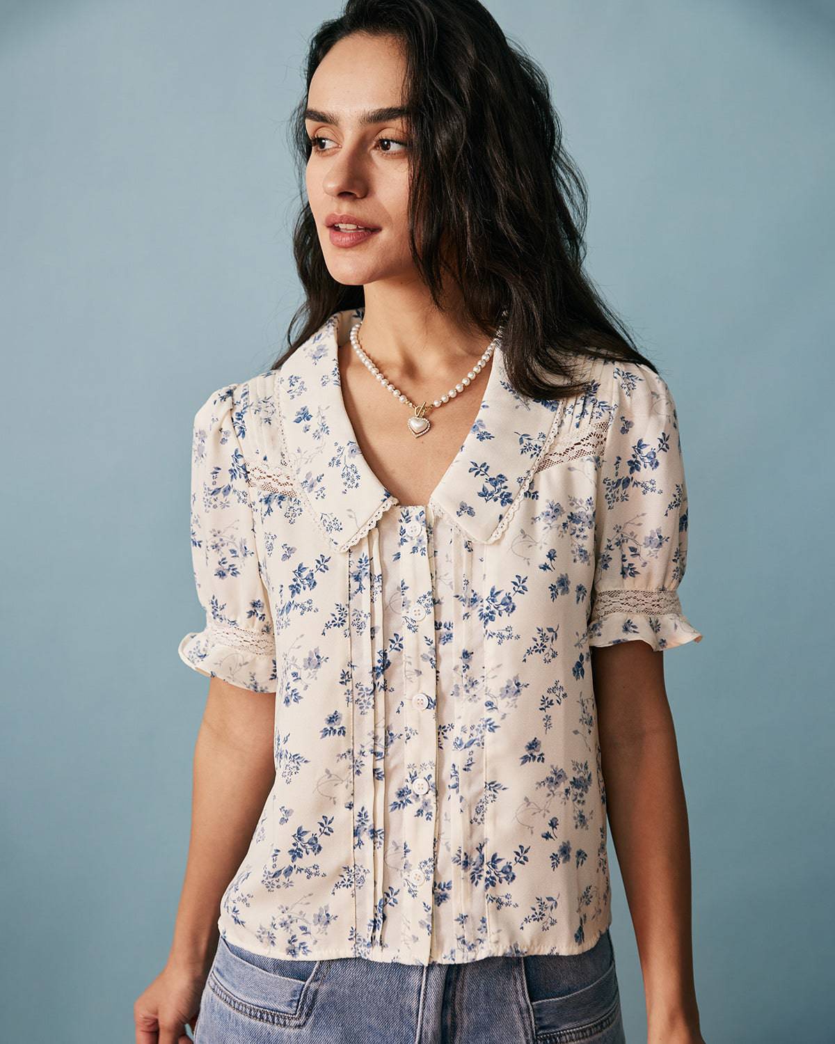 The Lace Spliced Pleated Floral Shirt - Floral Print Short Sleeve Button Up  Shirt - White - Tops | RIHOAS