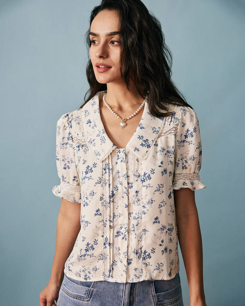 The Lace Spliced Pleated Floral Shirt - RIHOAS