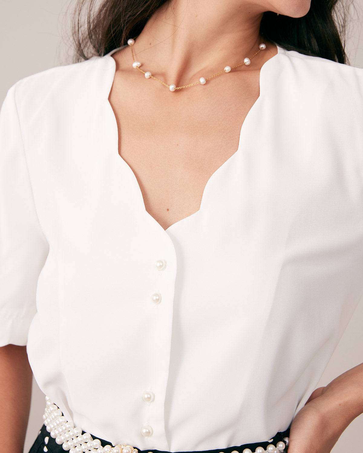 NEW Chanel Blouse Shirt Button Down White Cotton Pearl CC Ruffle Top 36 38