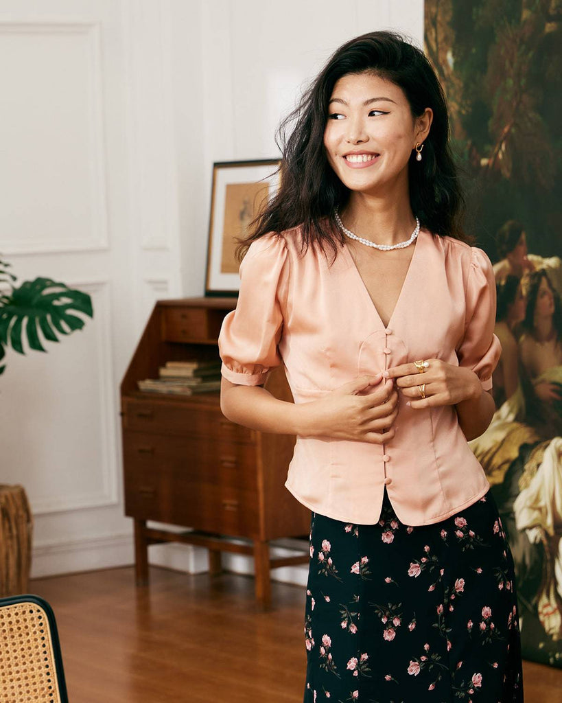 The V-Neck Short Sleeves Satin Shirt - RIHOAS