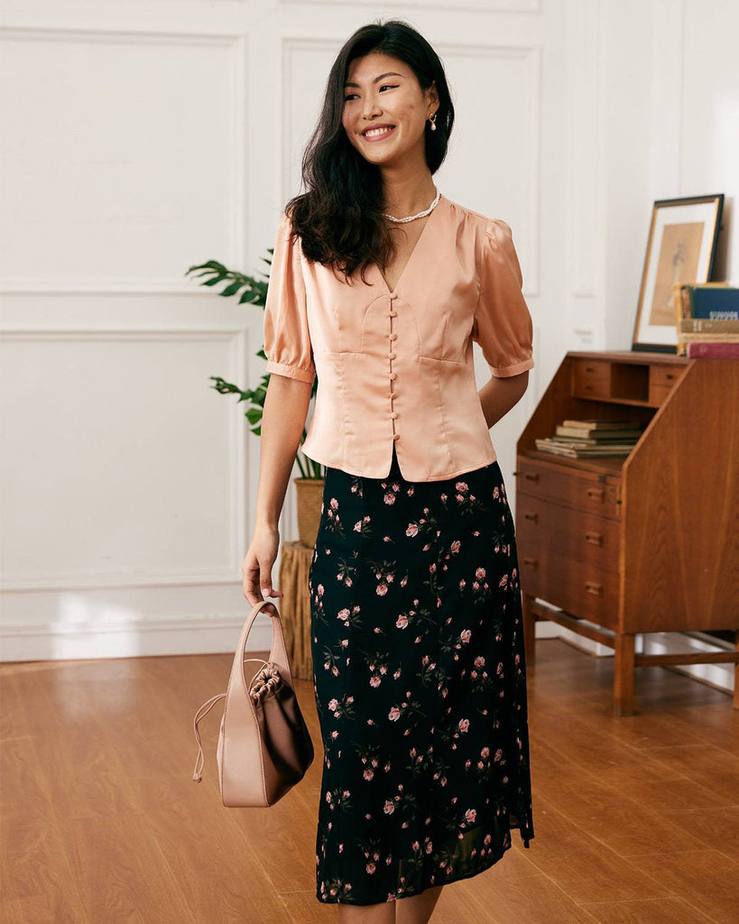 The V-Neck Short Sleeves Satin Shirt - RIHOAS