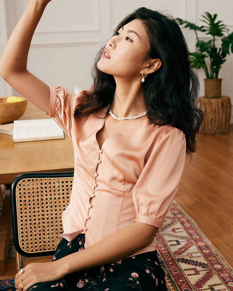 The V-Neck Short Sleeves Satin Shirt - RIHOAS