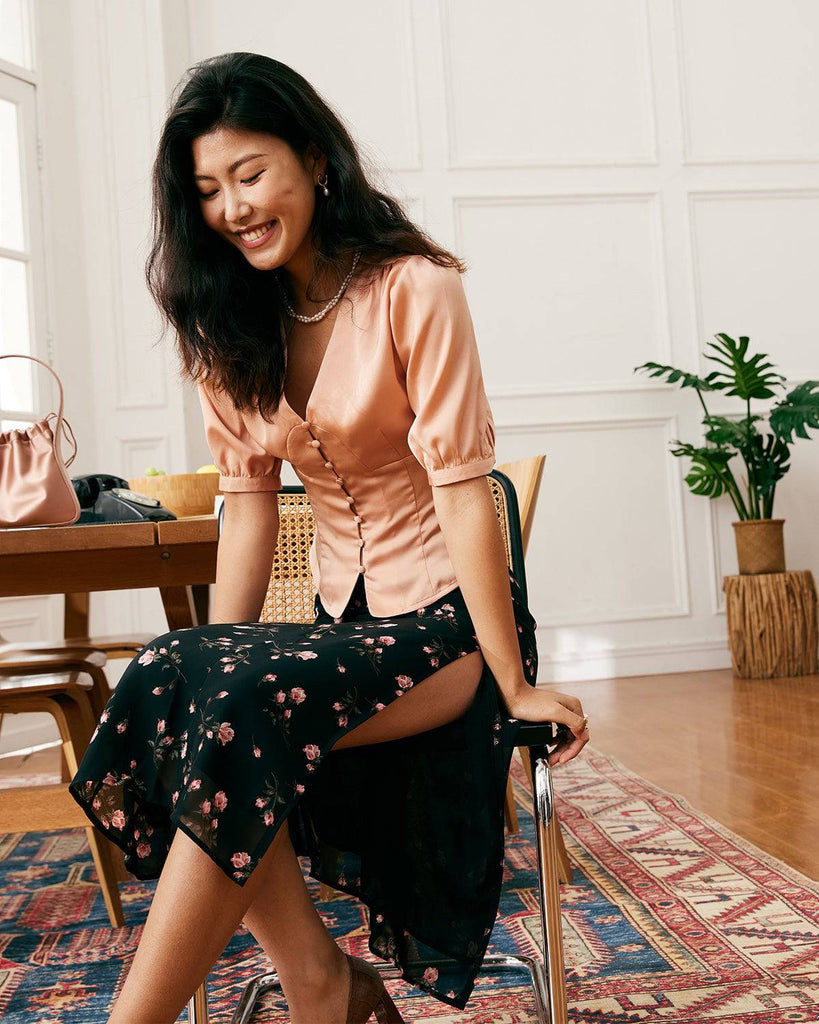 The V-Neck Short Sleeves Satin Shirt - RIHOAS