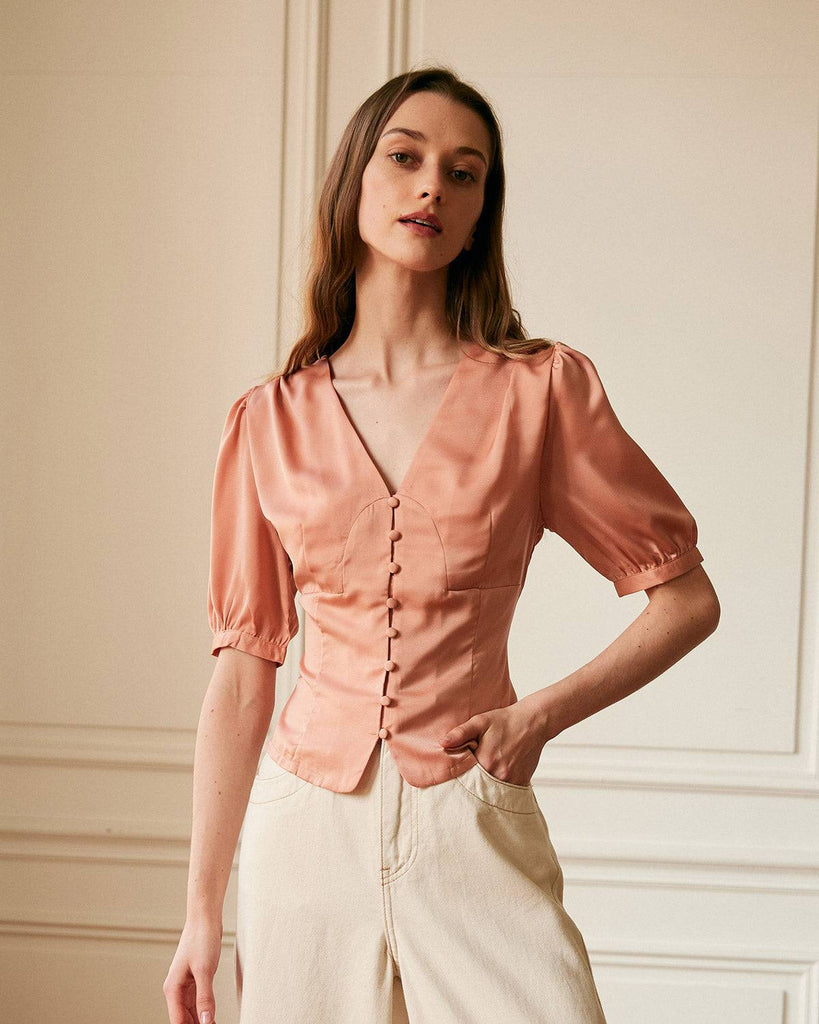 The V-Neck Short Sleeves Satin Shirt - RIHOAS