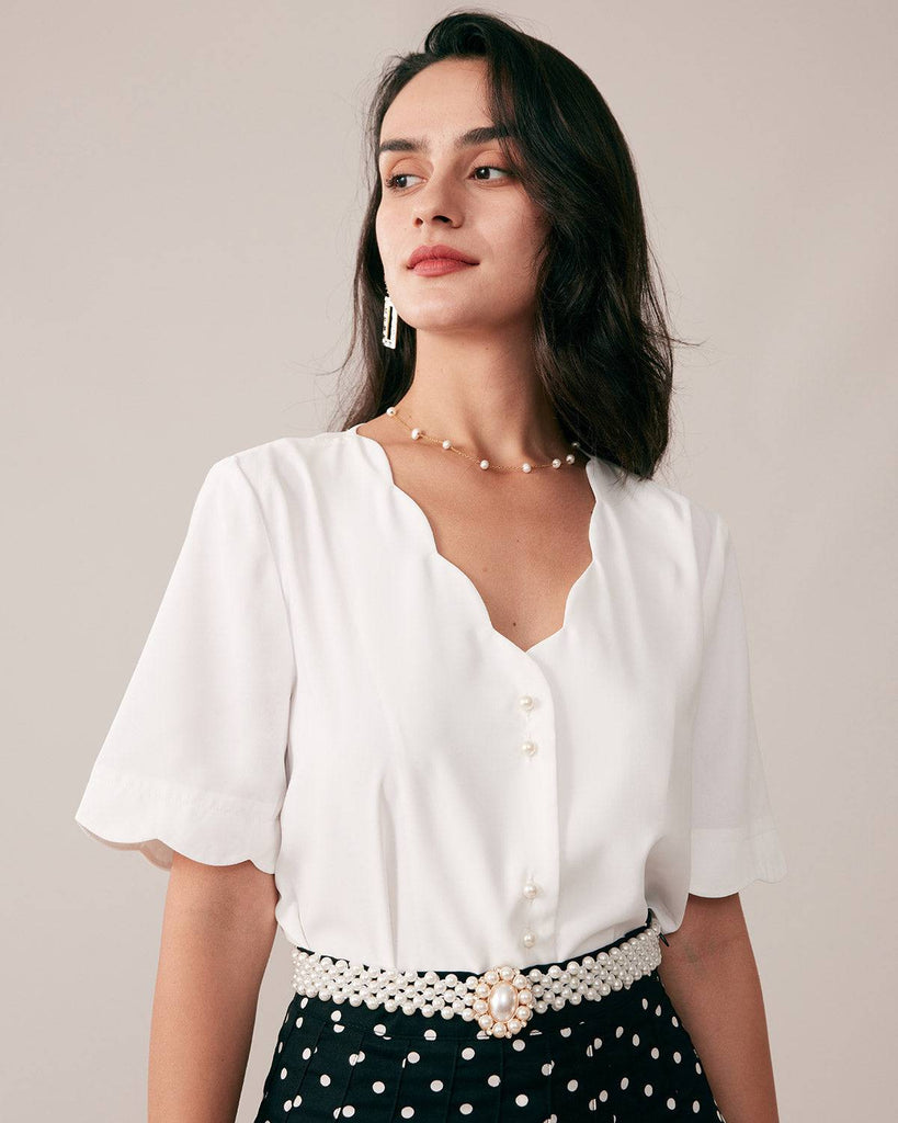 The Ruffle Neckline Pearl Button Shirt - RIHOAS