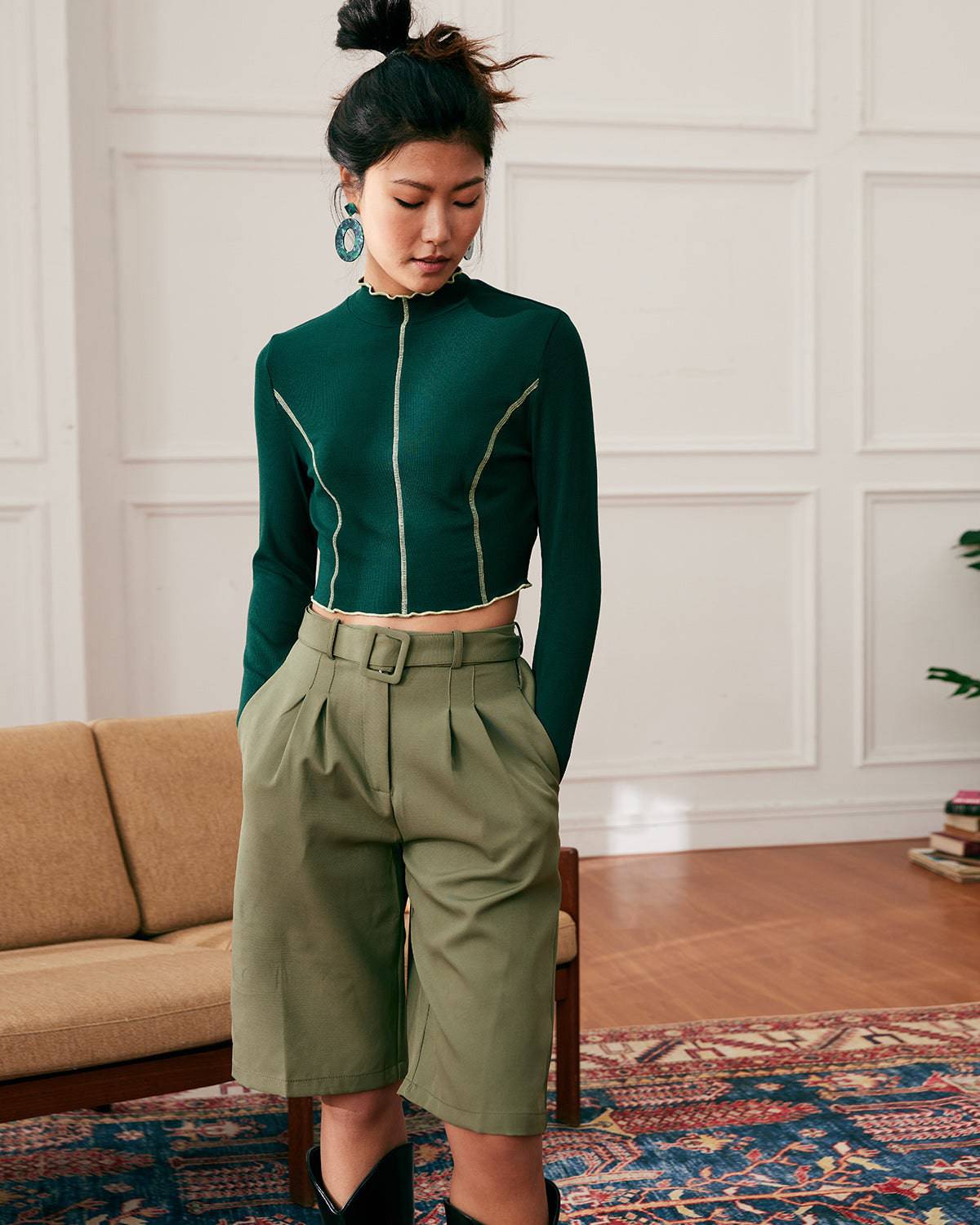 The Belted Relaxed Knee-Length Pants - Knee Length Wide Leg High