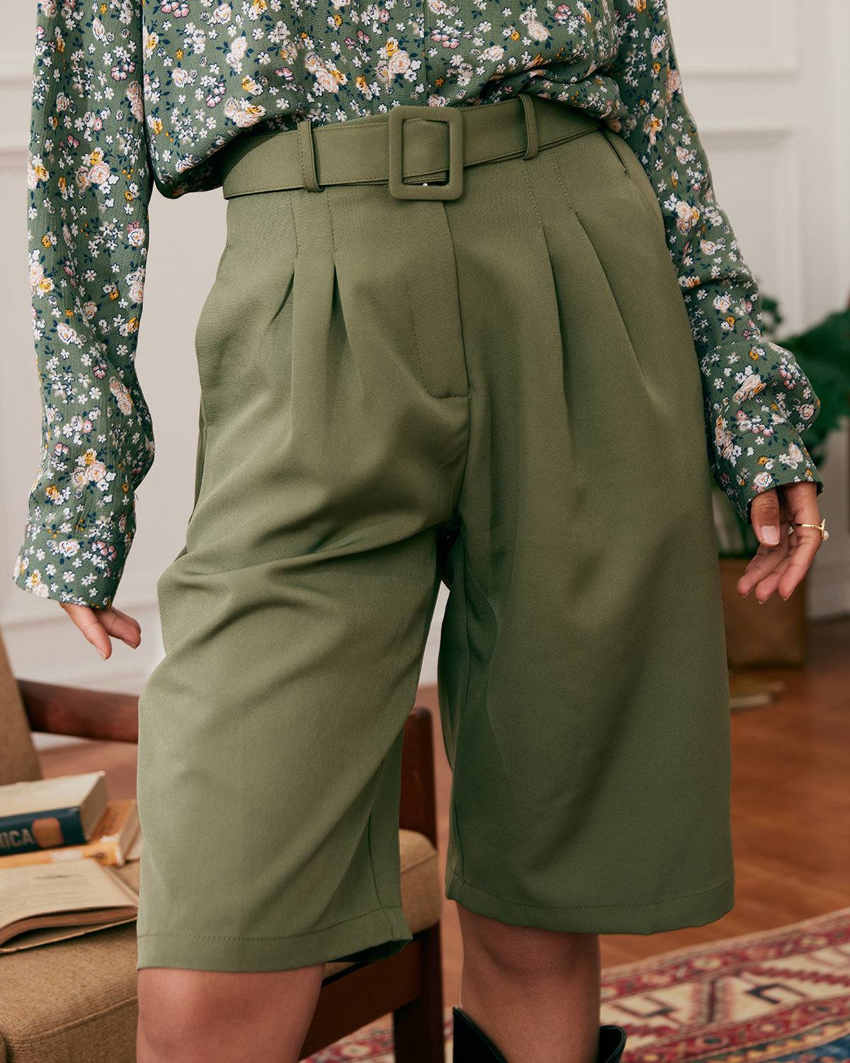 The Belted Relaxed Knee-Length Pants - Knee Length Wide Leg High