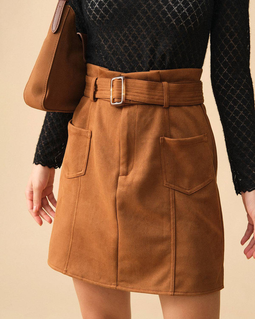 The Solid High Waisted Belted Suede Skirt - RIHOAS