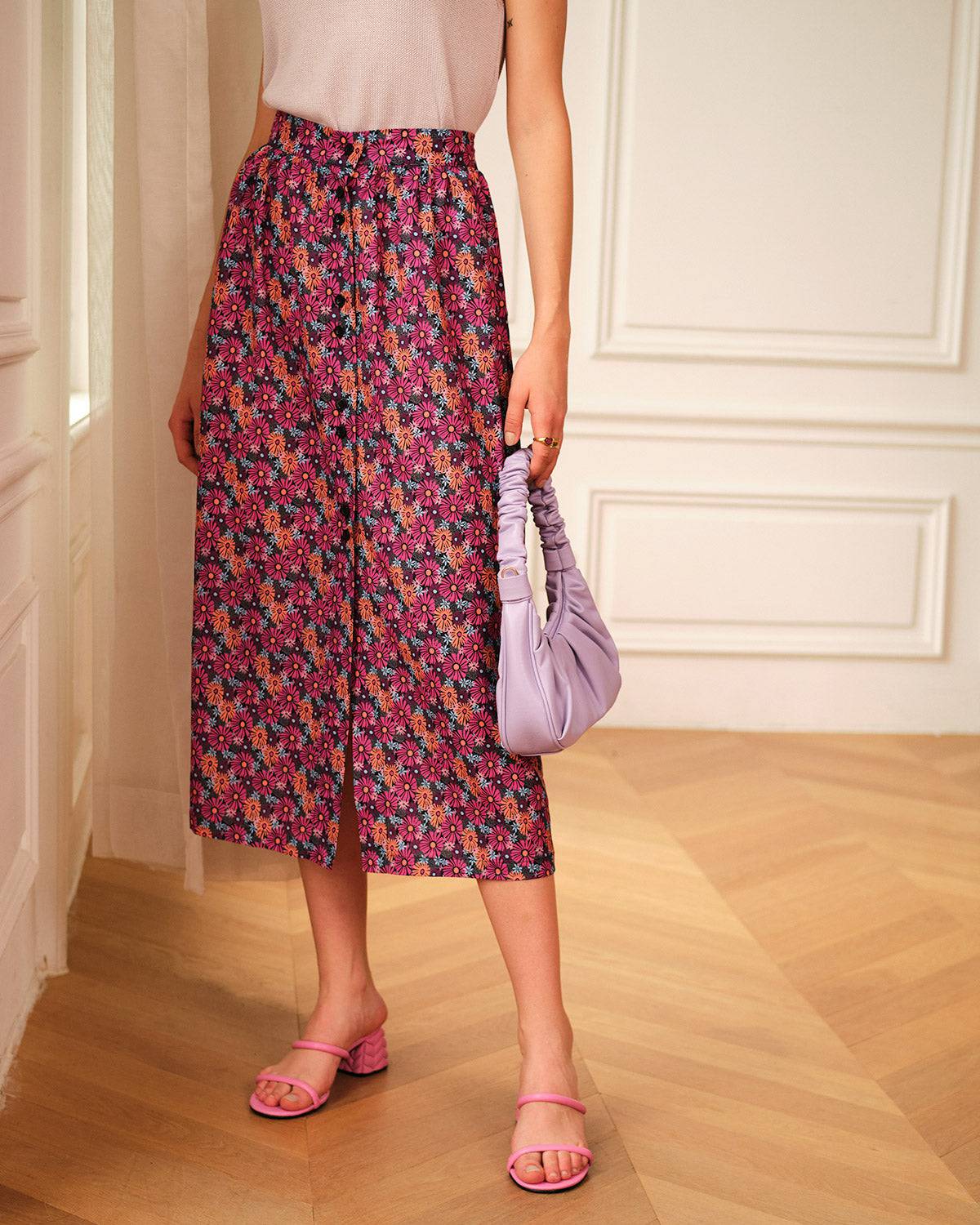 The High Waist Button Floral Skirt Reviews Purple Bottoms