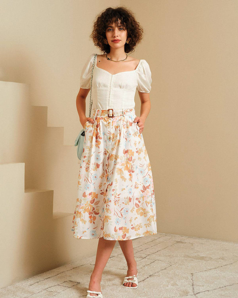 The Button-Up Belted Floral Skirt - RIHOAS