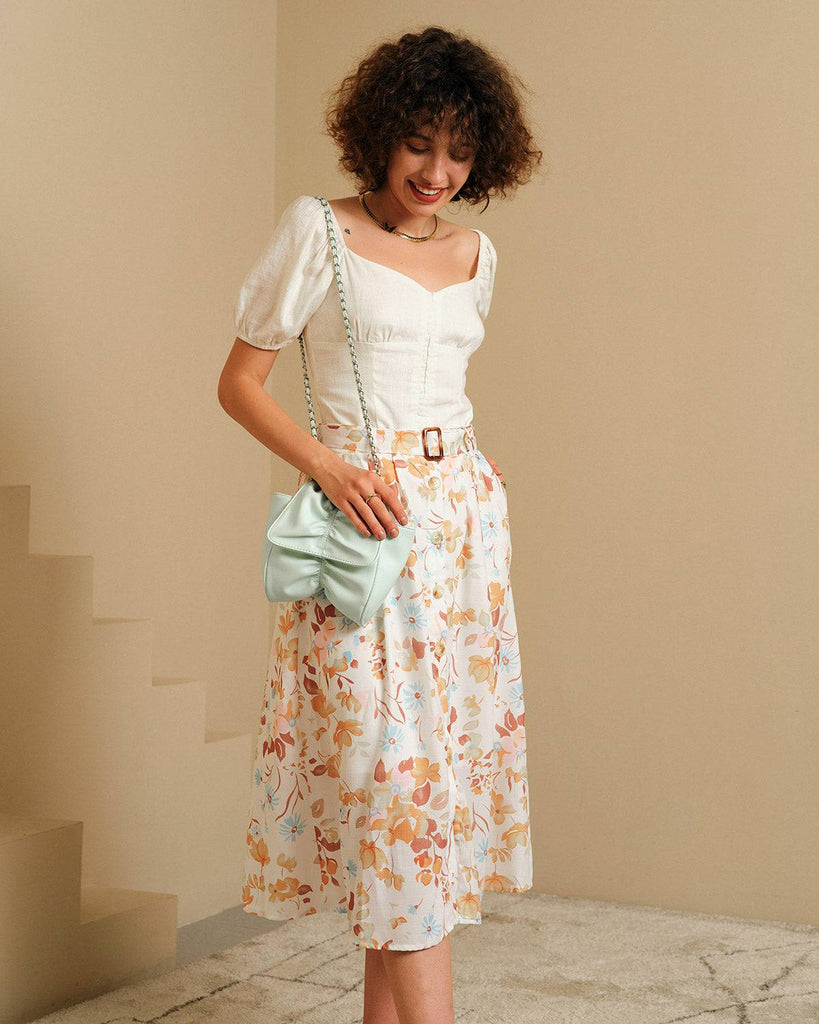 The Button-Up Belted Floral Skirt - RIHOAS