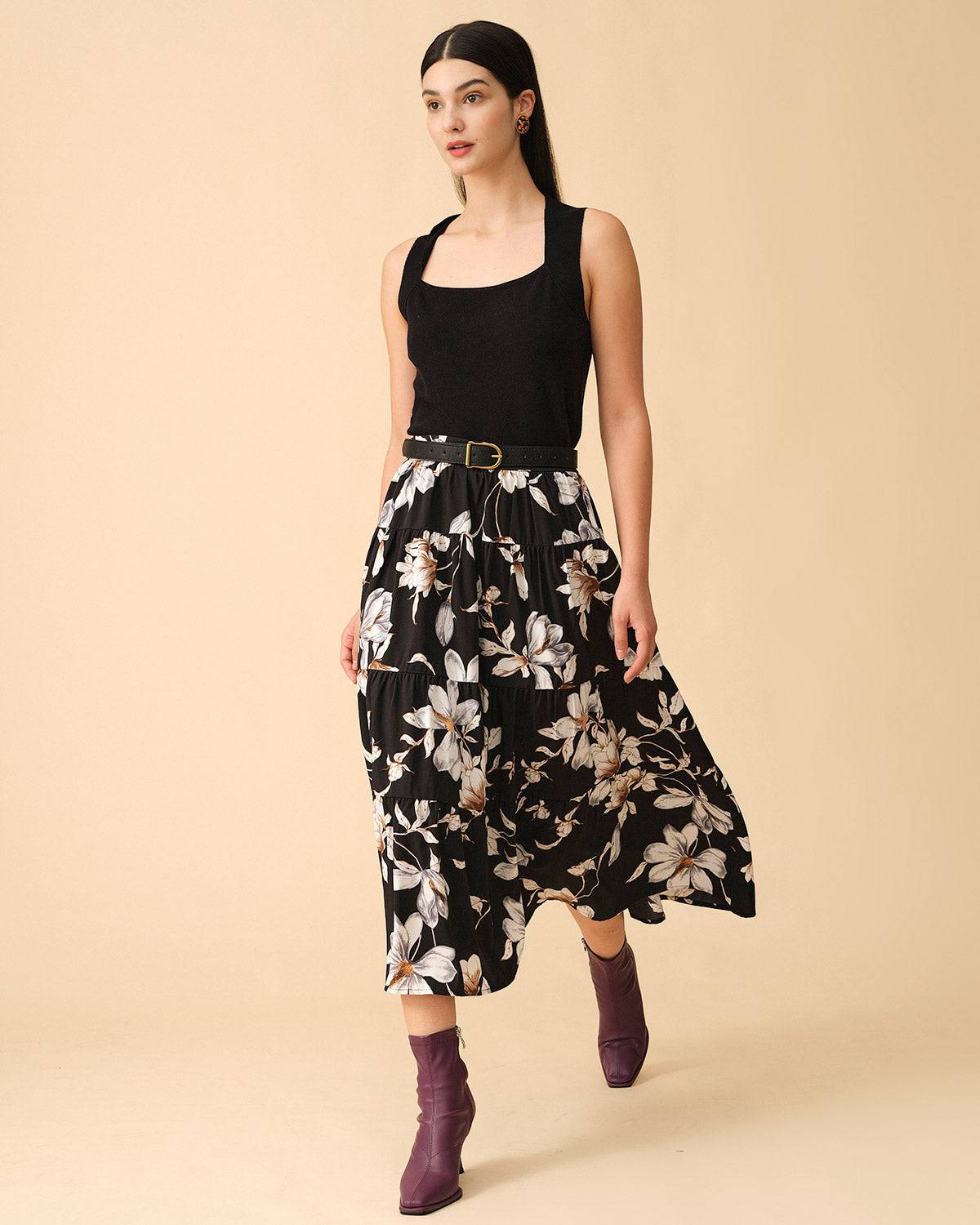 The Floral Print Zip Up Skirt - Black & White Flower Print High Waisted  Midi Skirt - Black - Bottoms