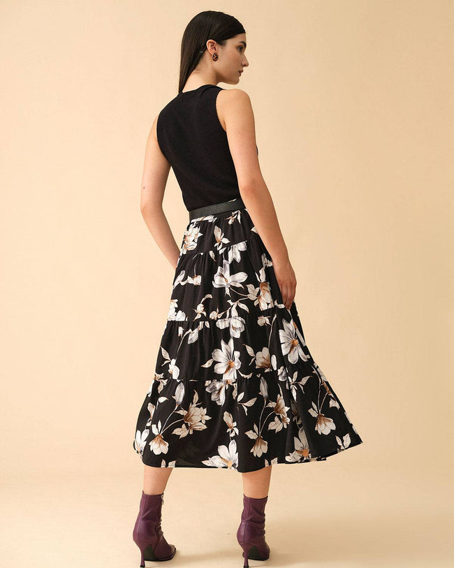 Skirts for Women Women Floral Print Elastic Waist Band Midi Skirt