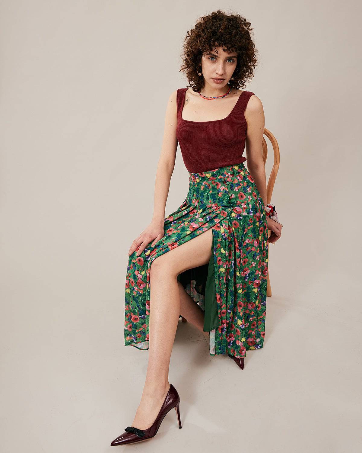 The Green Pleated Floral Skirt & Reviews - Green - Bottoms