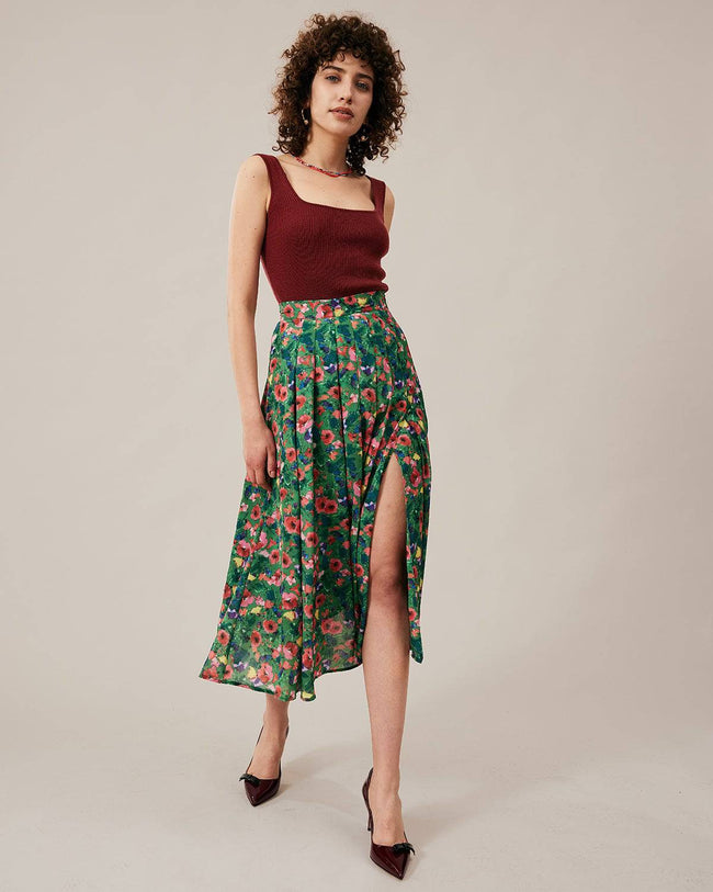 The Green Pleated Floral Skirt & Reviews - Green - Bottoms