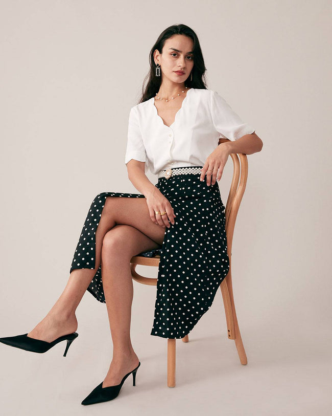 The Polka Dots A-line Skirt - Polka Dot A Line Midi Skirt - Black